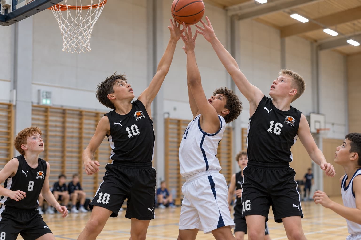 Spillere springer efter en rebound under kurven